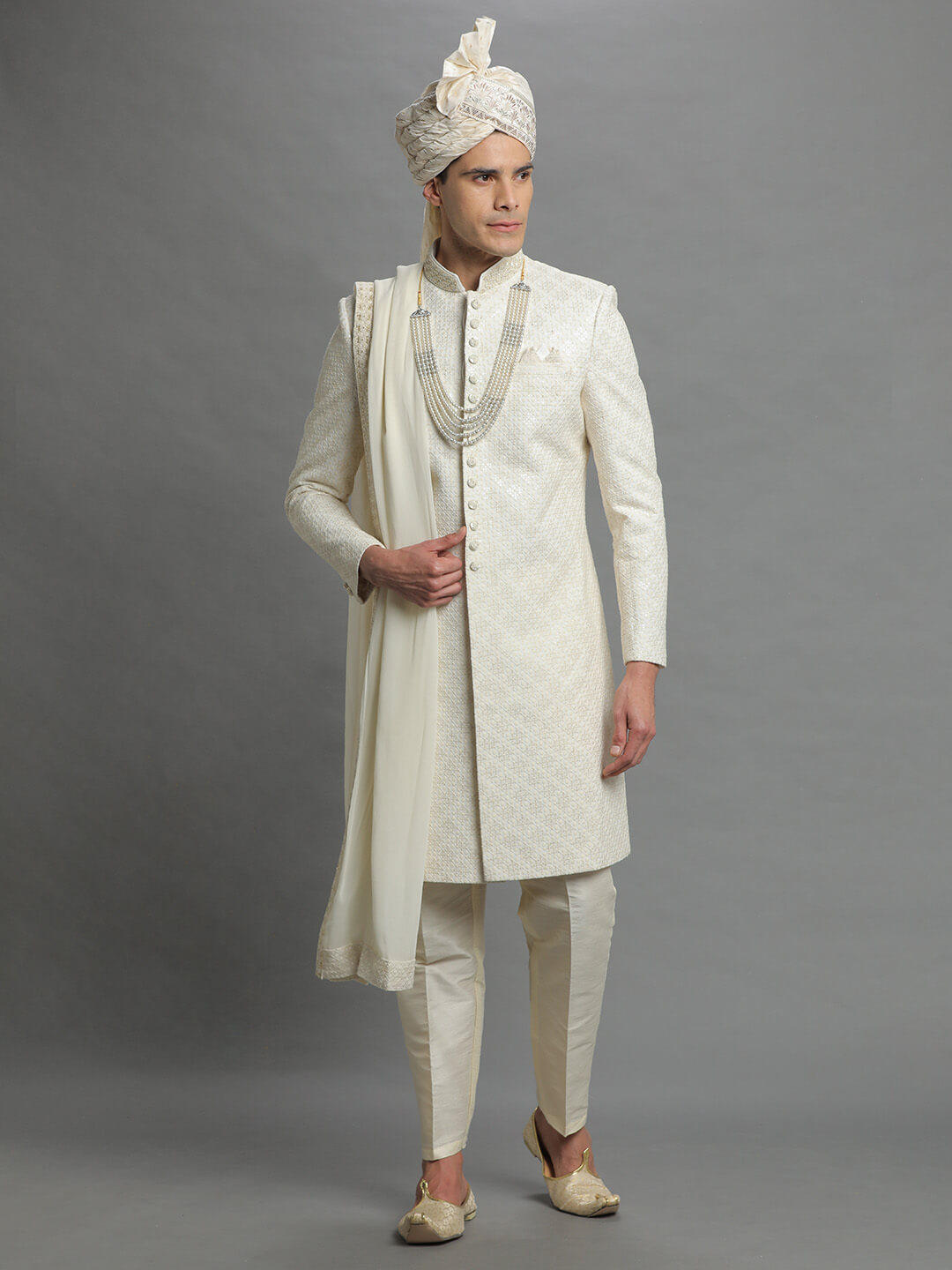 Beige Lucknawi Embroidered Sherwani