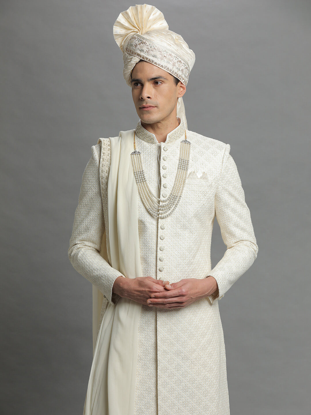 Beige Lucknawi Embroidered Sherwani