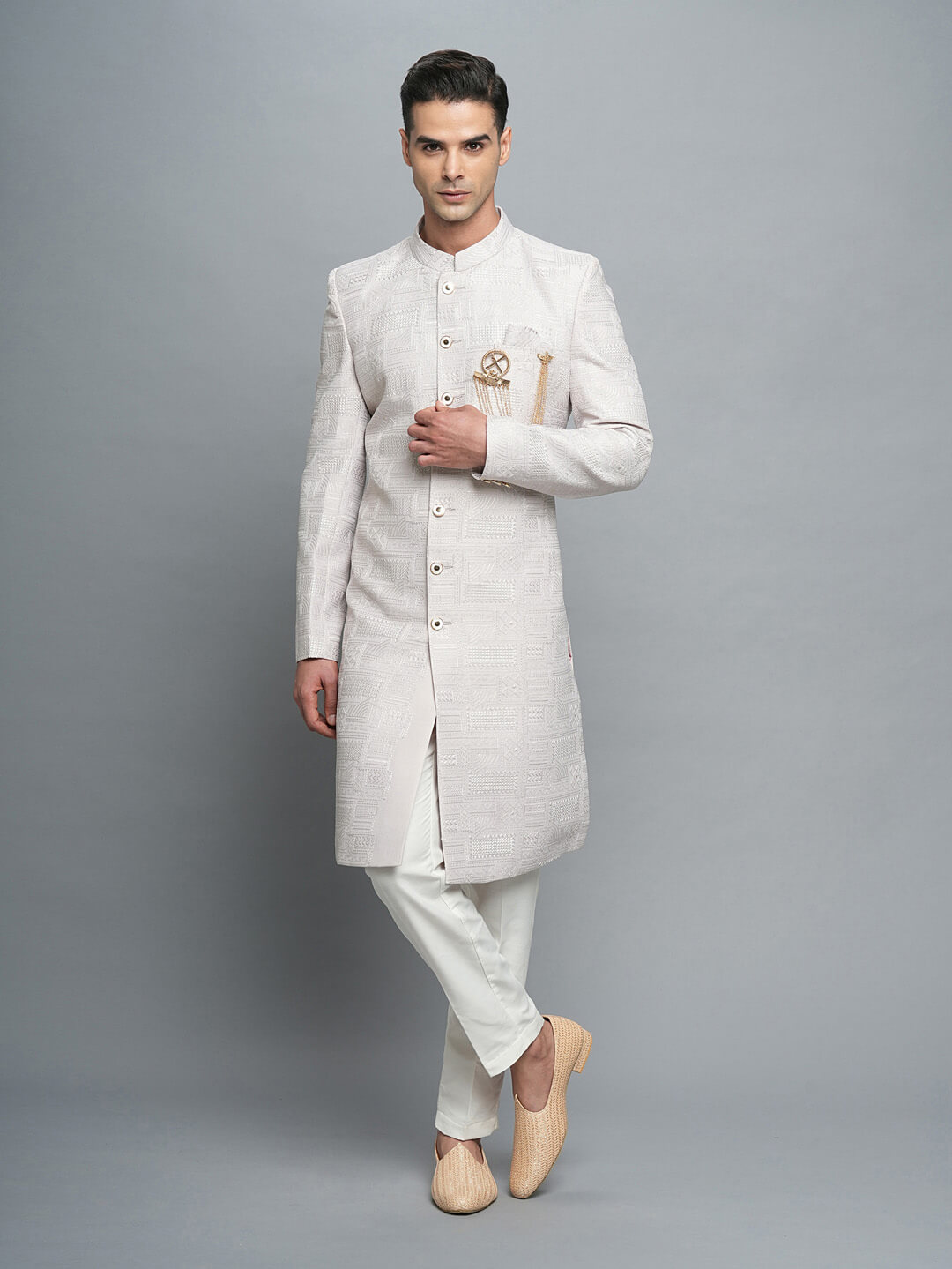 Beige Threaded Embroidered IndoWestern