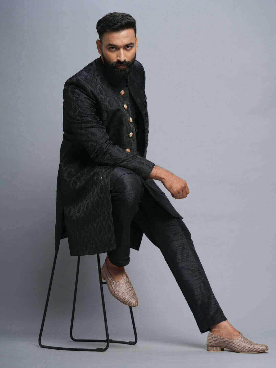 Black 3 Piece Jaquard Indowestern