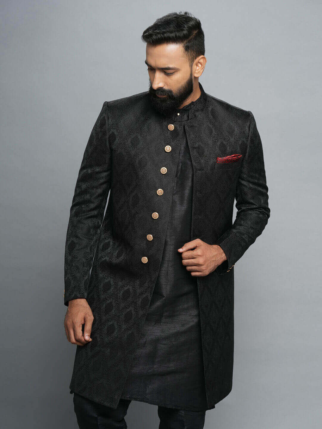 Black 3 Piece Jaquard Indowestern