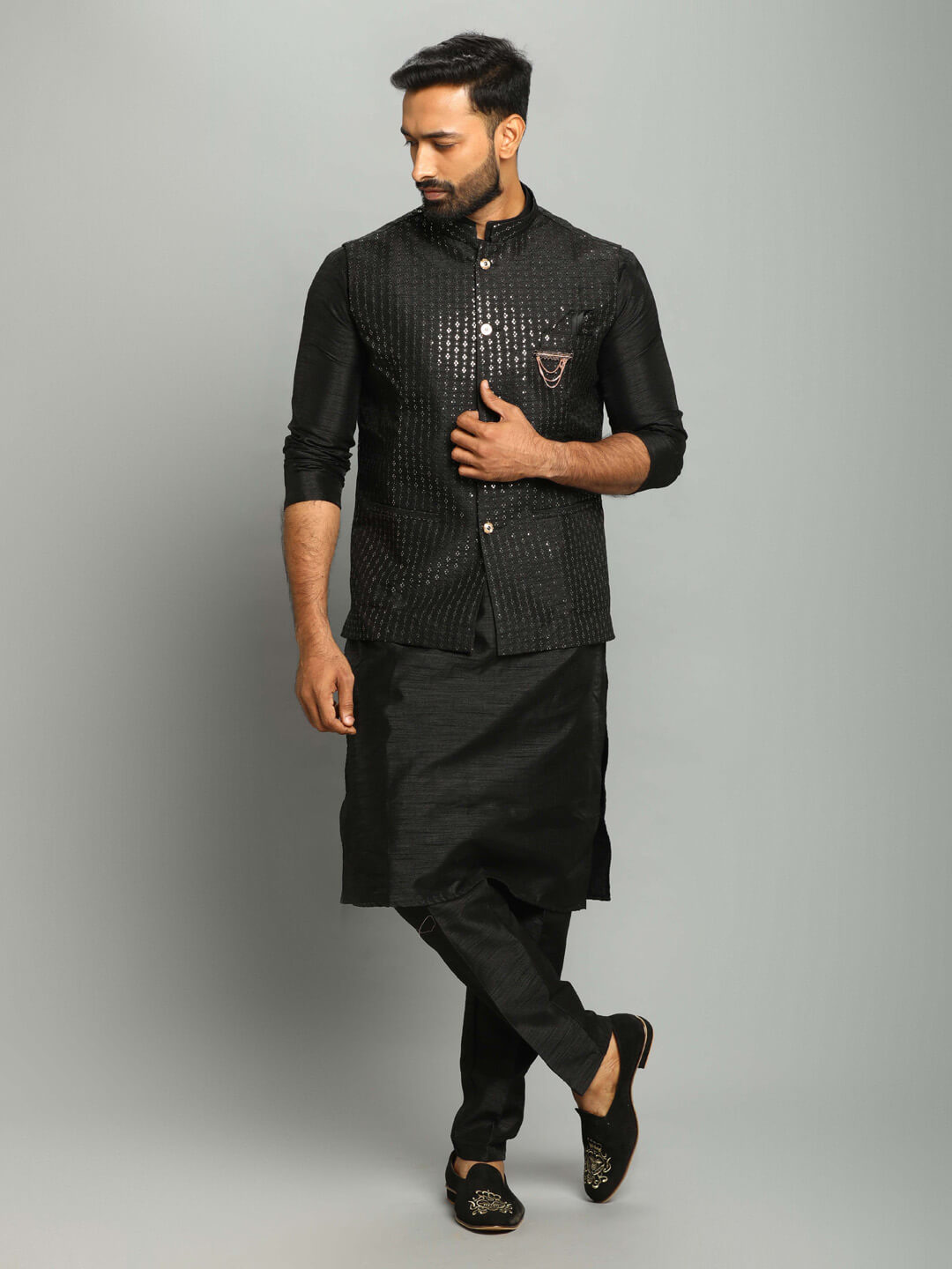 Black 3 Piece Kurta Pyjama Gold Hint