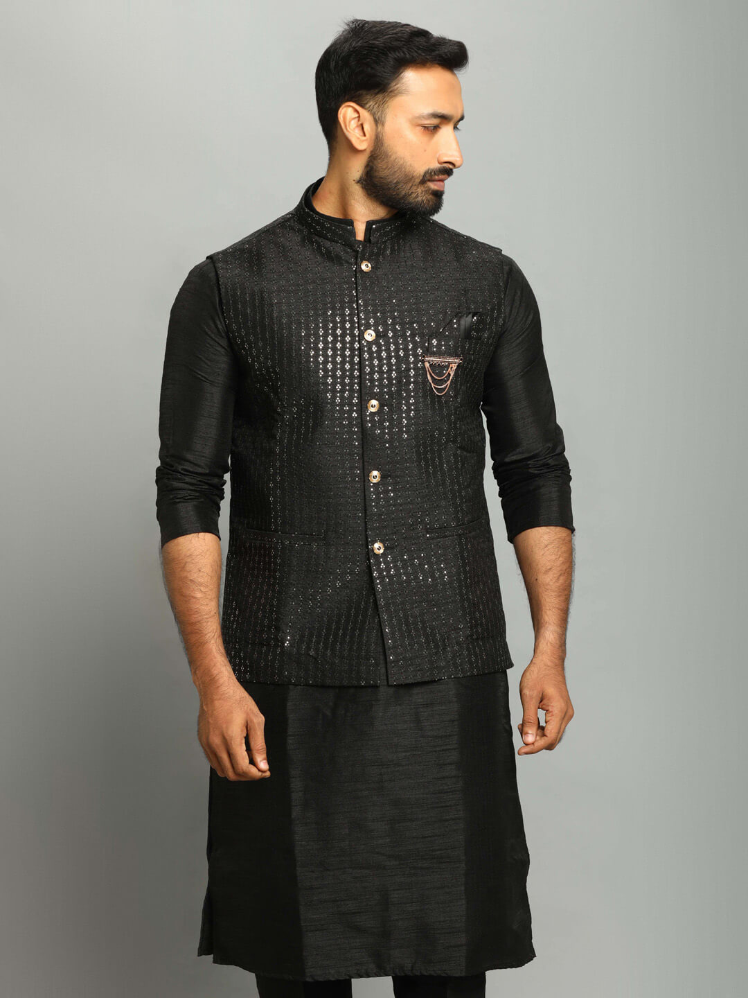 Black 3 Piece Kurta Pyjama Gold Hint