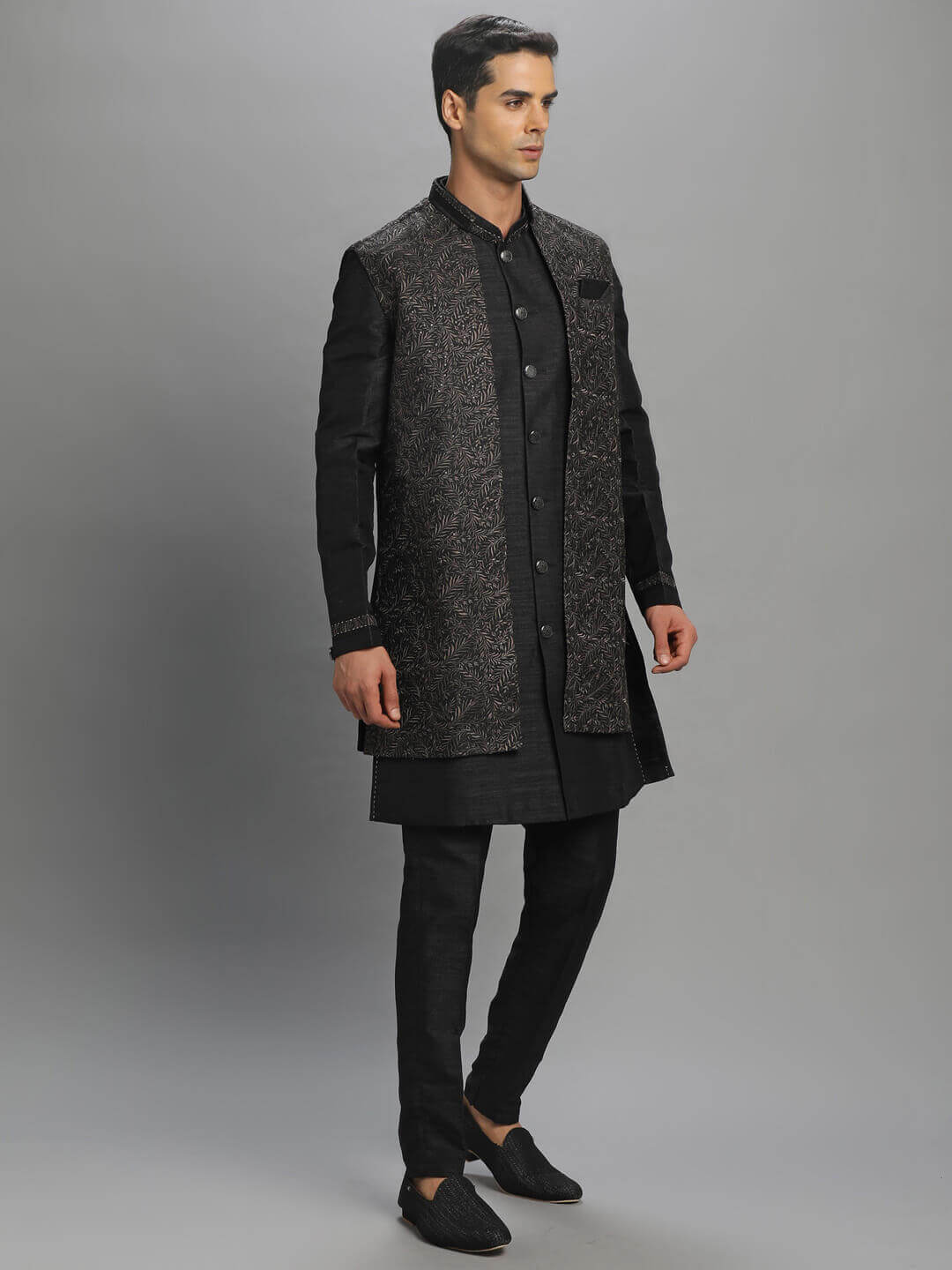 Black Grey Embroidered Long Kurta Pyjama Bandi — image 2