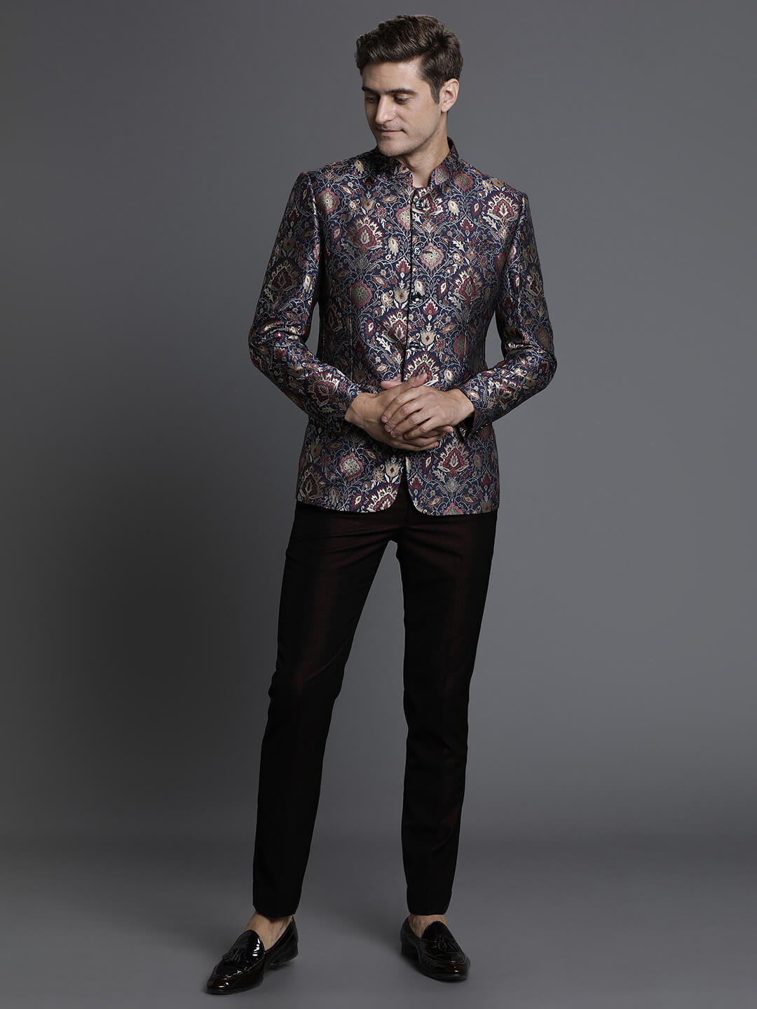 Blue Embossed Printed Jacquard Bandgala