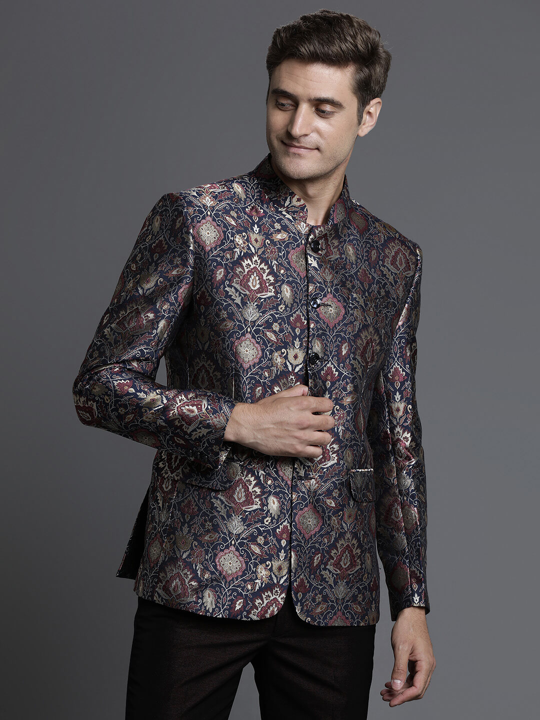 Blue Embossed Printed Jacquard Bandgala