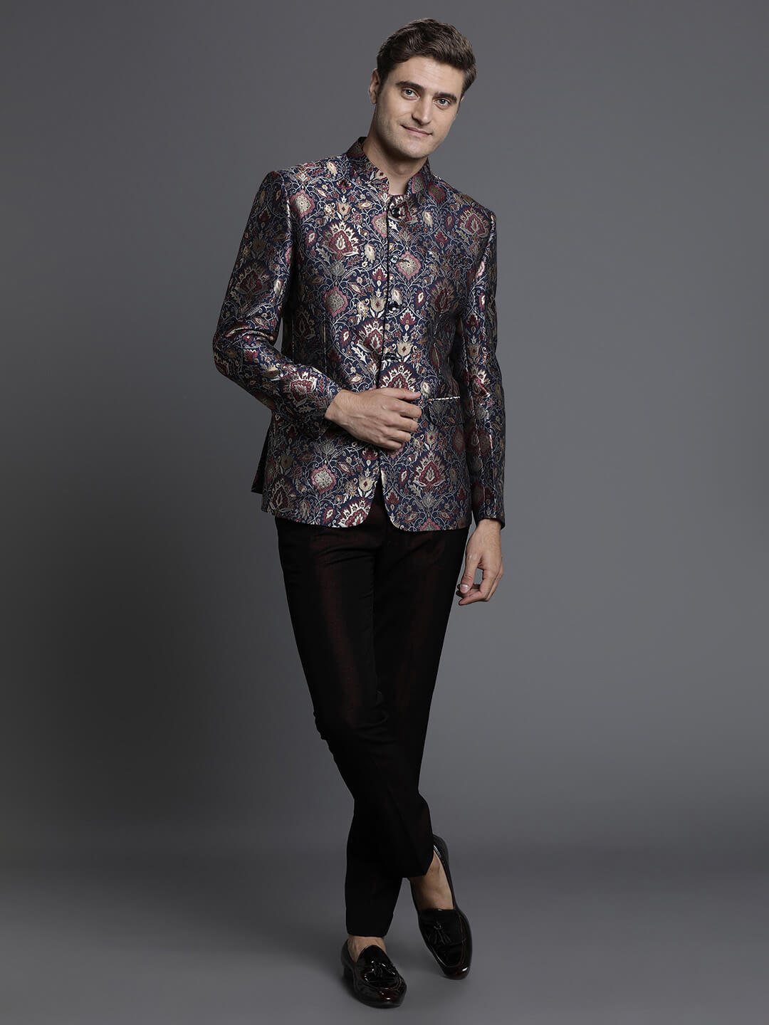 Blue Embossed Printed Jacquard Bandgala — image 2