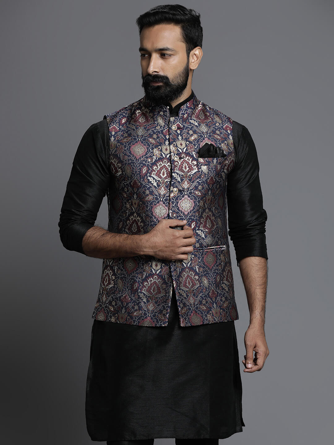 Blue Printed Jaquard Kurta Pyjama Set