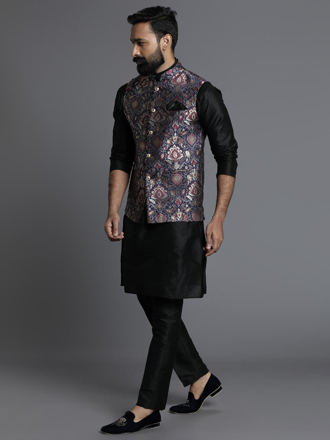 Blue Printed Jaquard Kurta Pyjama Set — image 2
