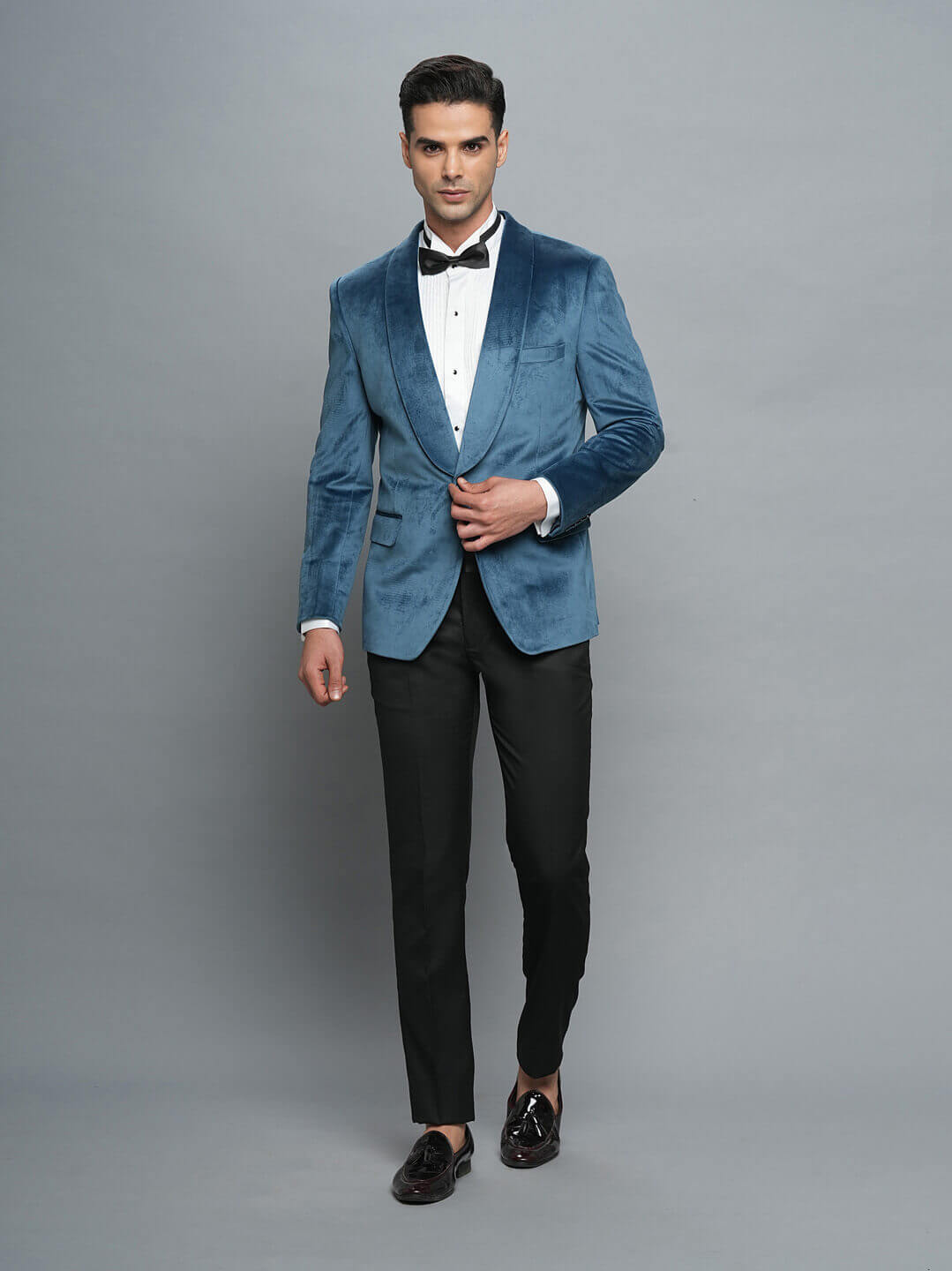 Blue Velvet Shawl Plain Blazer