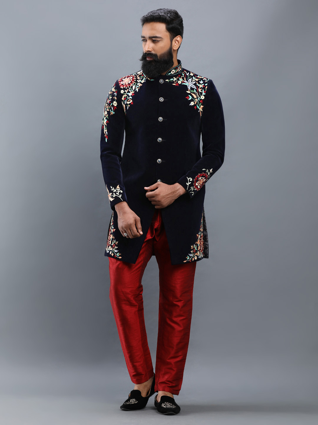 Blue Velvet Threaded Sherwani