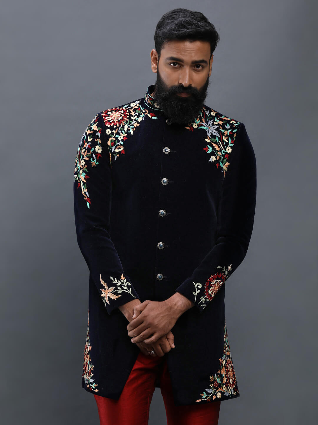 Blue Velvet Threaded Sherwani