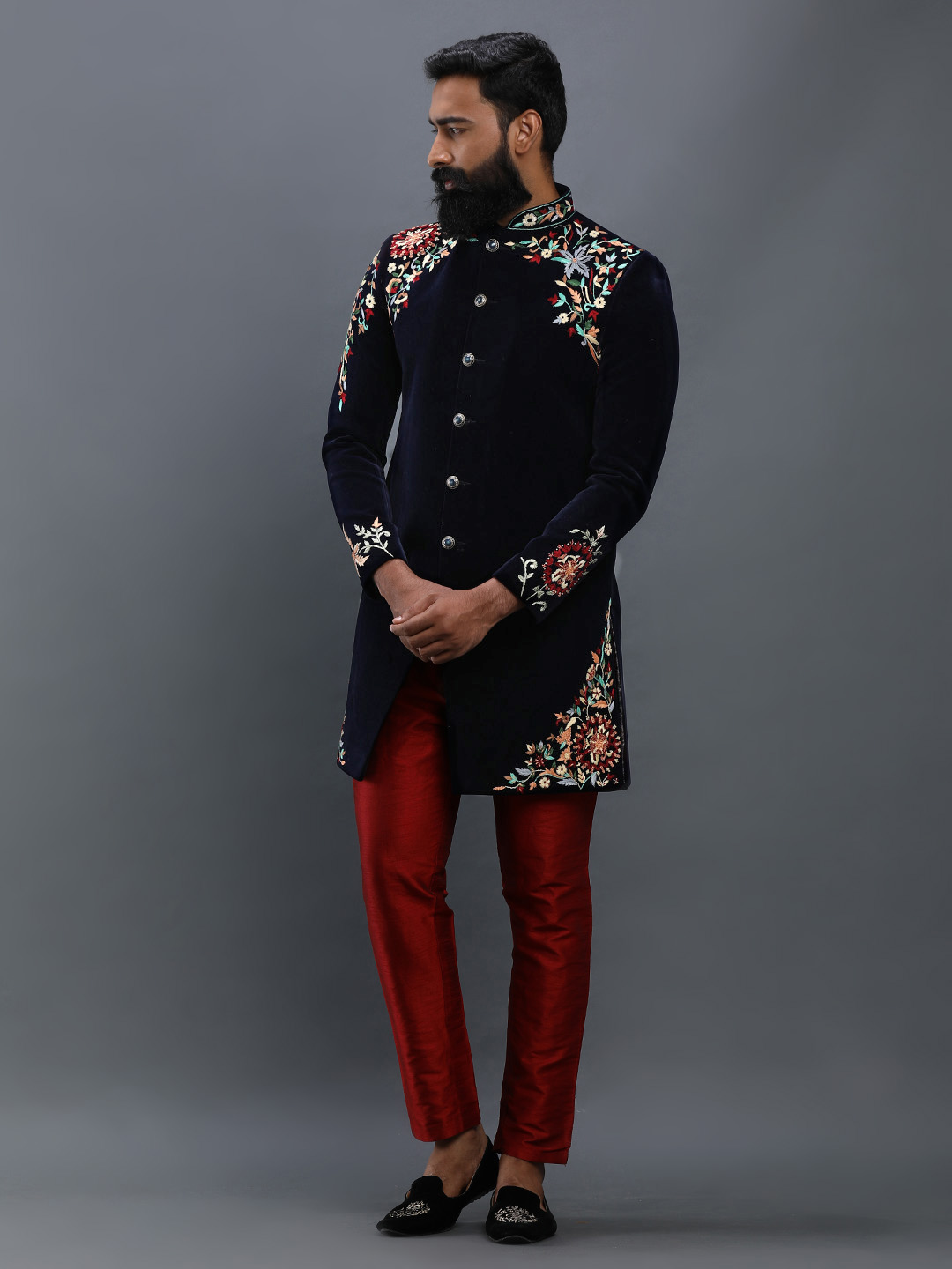 Blue Velvet Threaded Sherwani — image 1