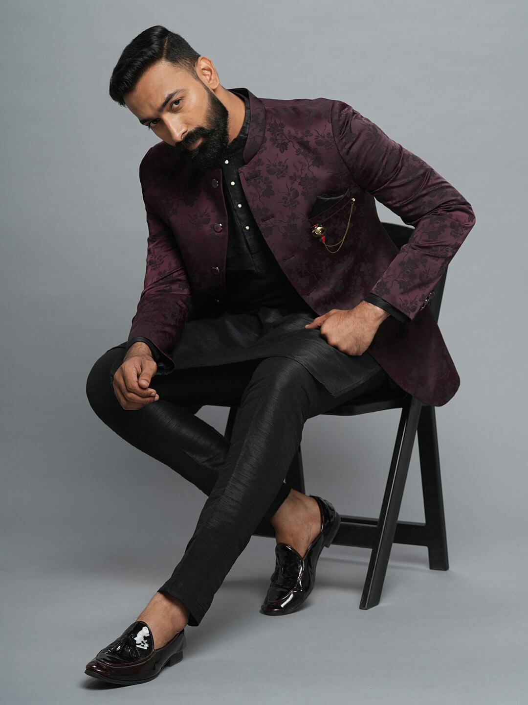 Brown Floral Jaquard Bandgala