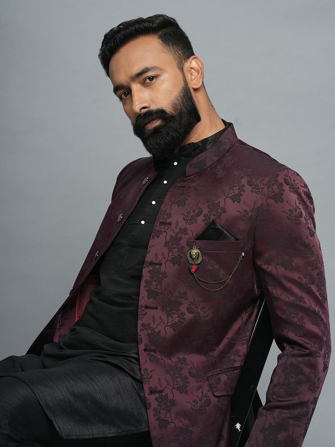 Brown Floral Jaquard Bandgala