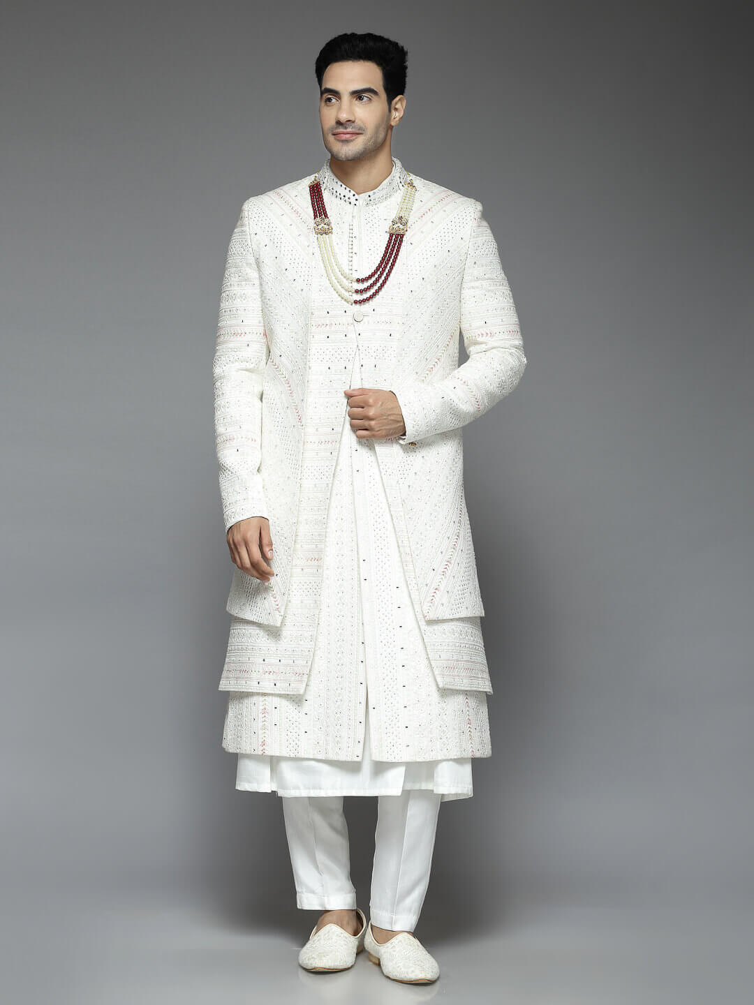 Cream Embroidered Designer Flow Sherwani — image 2
