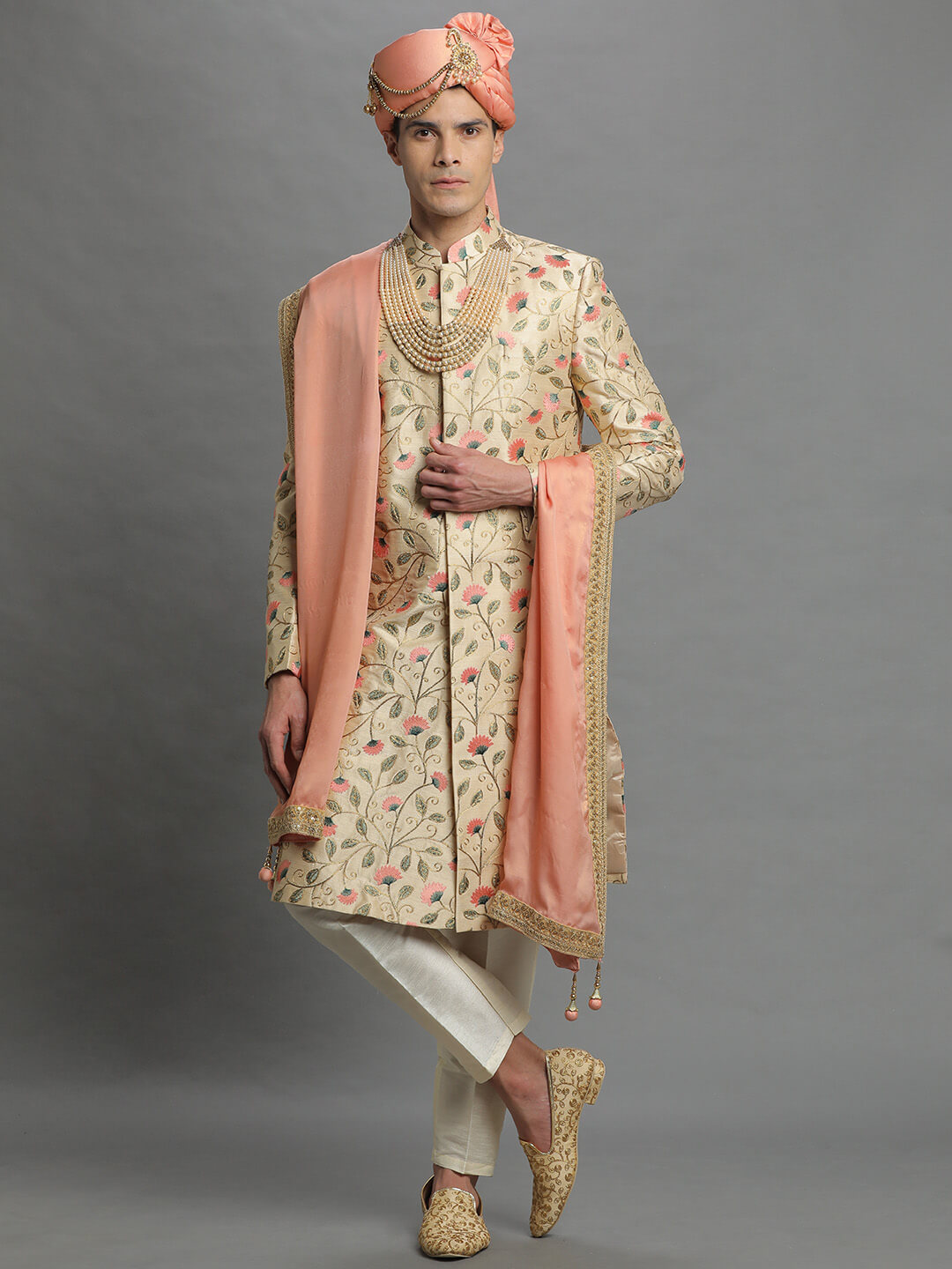 Cream Embroidered Peach Floral Sherwani