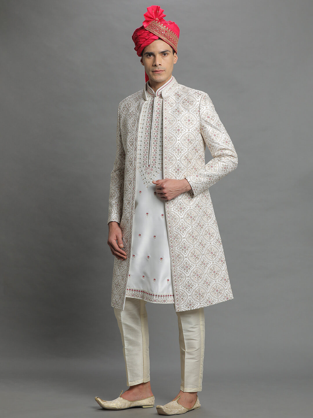 Cream Jacket Style Embroidered Sherwani