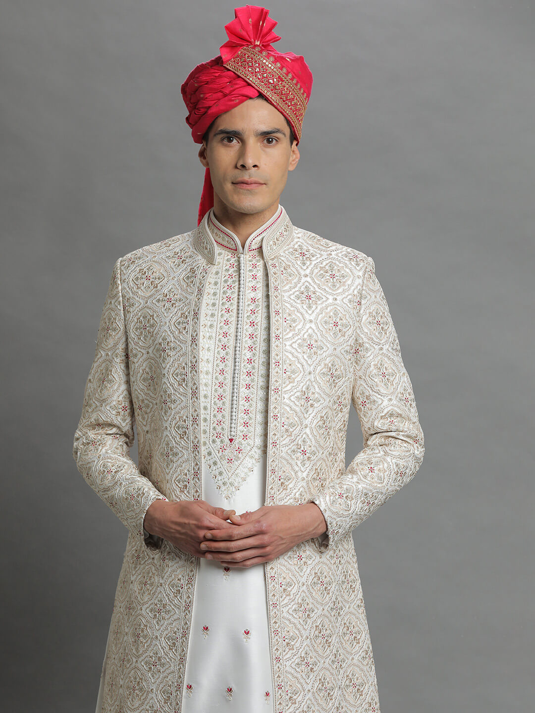 Cream Jacket Style Embroidered Sherwani