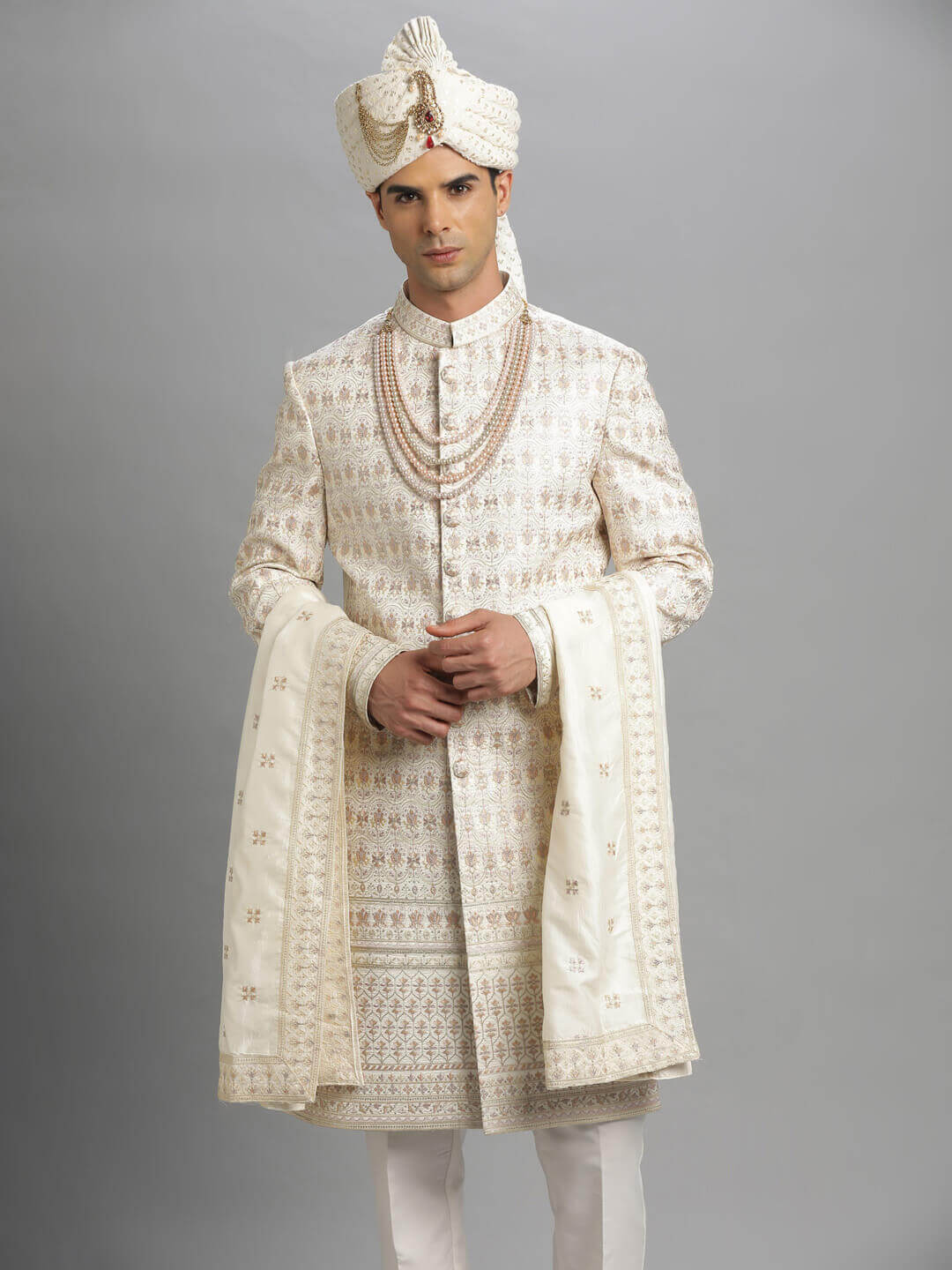 Cream Light Purple Embroidered Sherwani