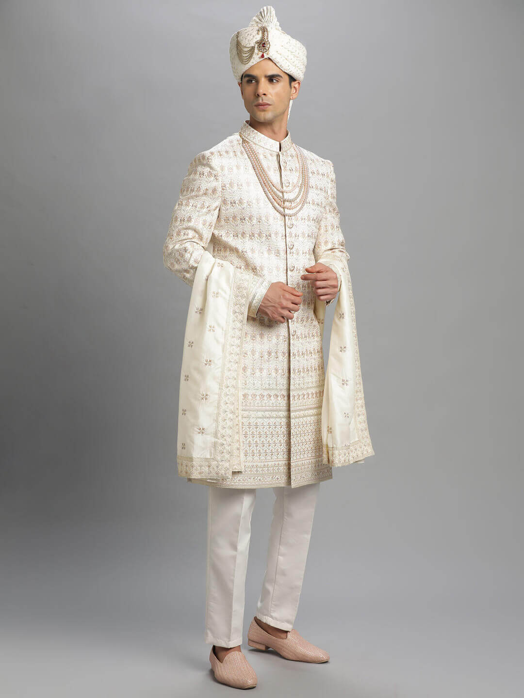Cream Light Purple Embroidered Sherwani — image 3