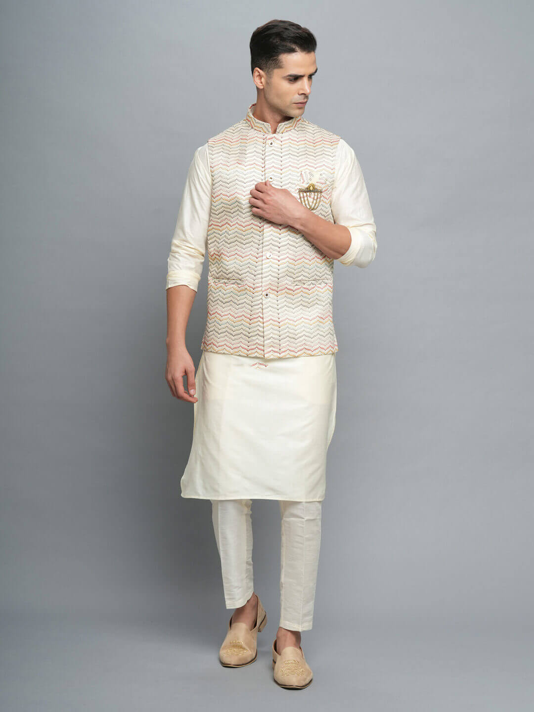 Cream Modern Kurta Pyjama Bandi Set