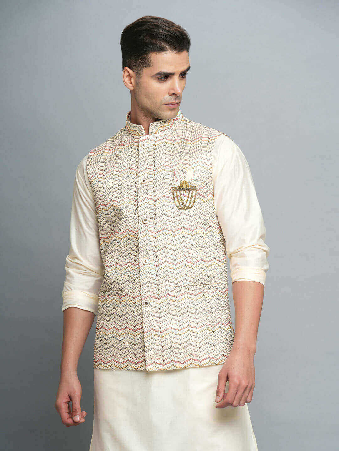 Cream Modern Kurta Pyjama Bandi Set