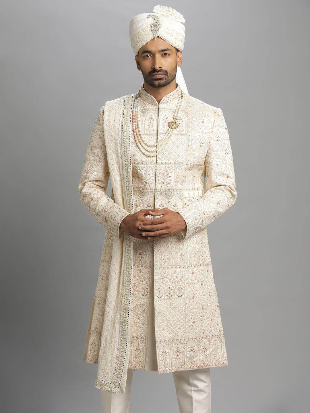 Cream Window Embroidered Sherwani
