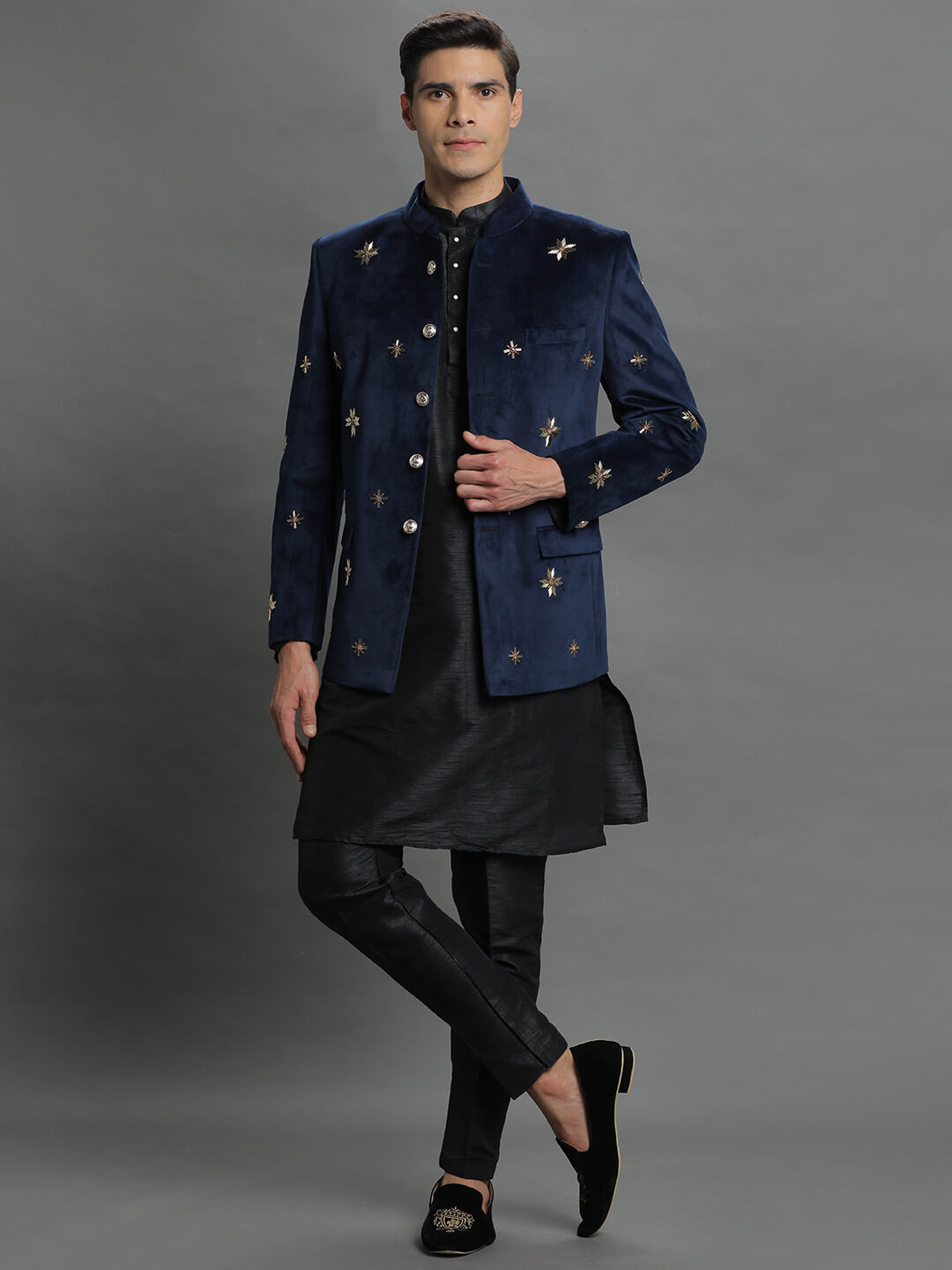 Gold Booti Blue Velvet Bandgala