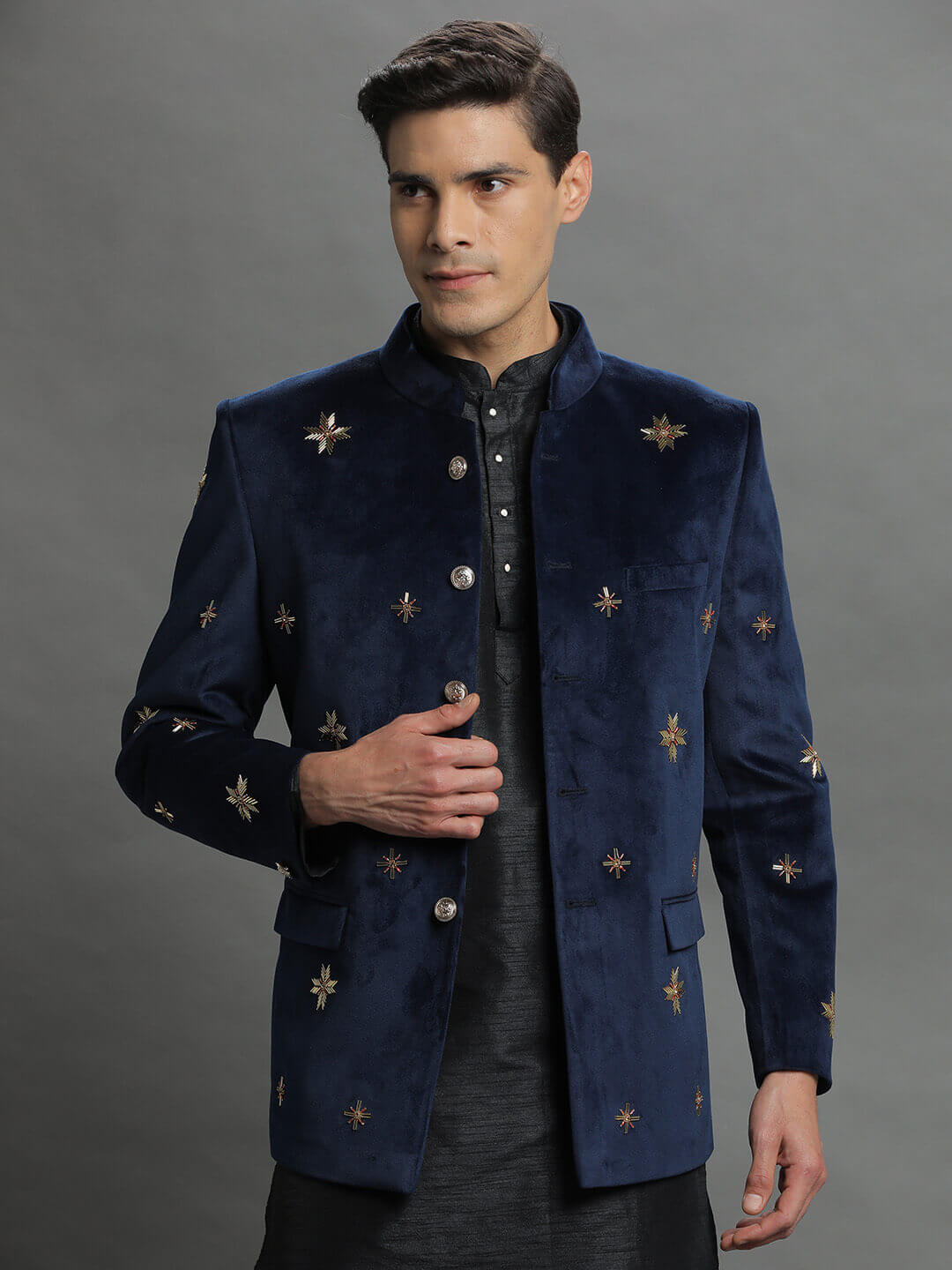 Gold Booti Blue Velvet Bandgala