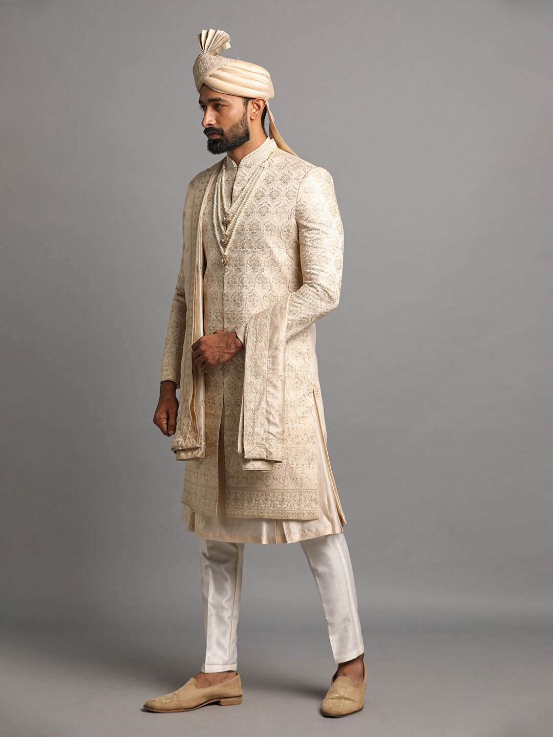 Golden Embroidered Groom Sherwani with Anarkali Kurta — image 1