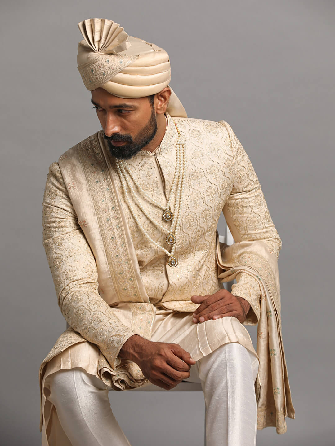 Golden Embroidered Groom Sherwani with Anarkali Kurta — image 3