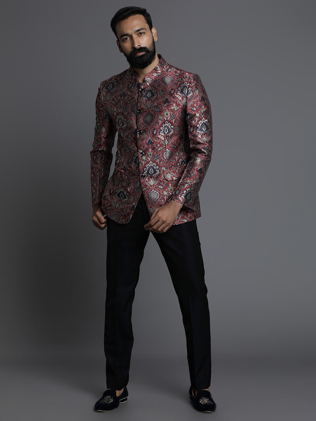 Maroon Embossed Printed Jaquard Bandgala