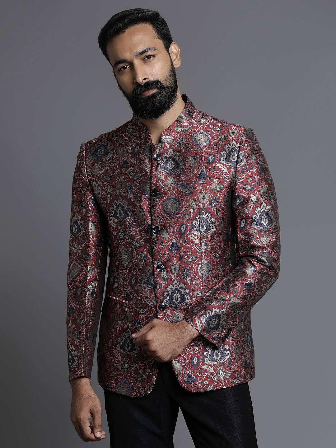 Maroon Embossed Printed Jaquard Bandgala