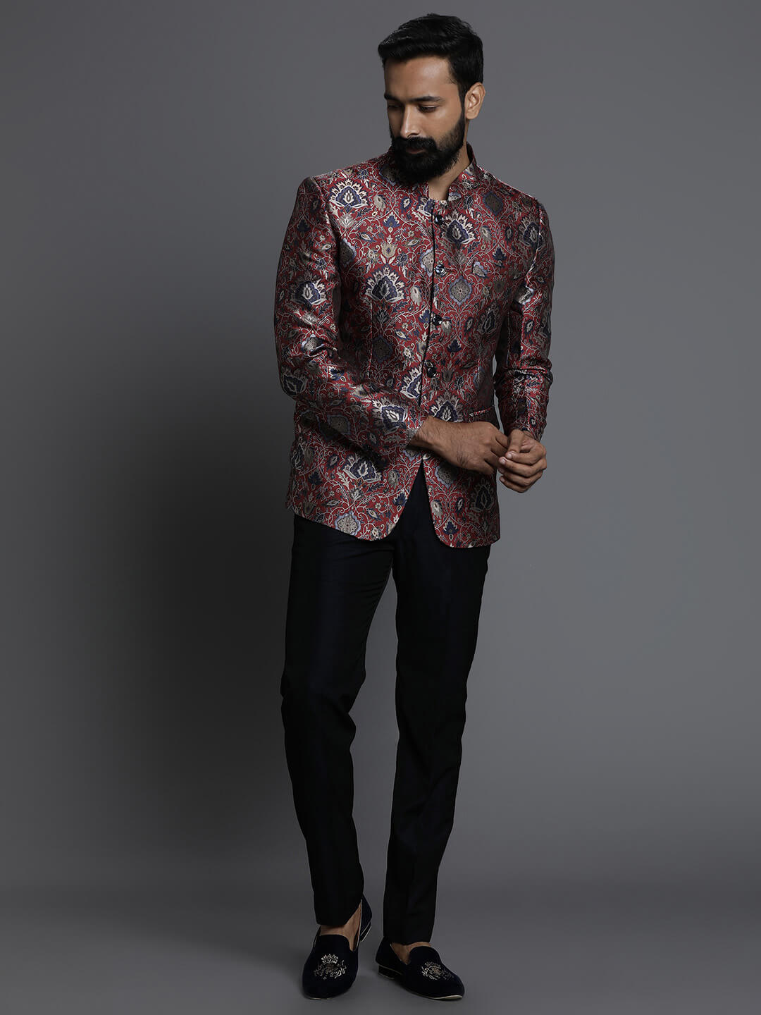 Maroon Embossed Printed Jaquard Bandgala — image 1
