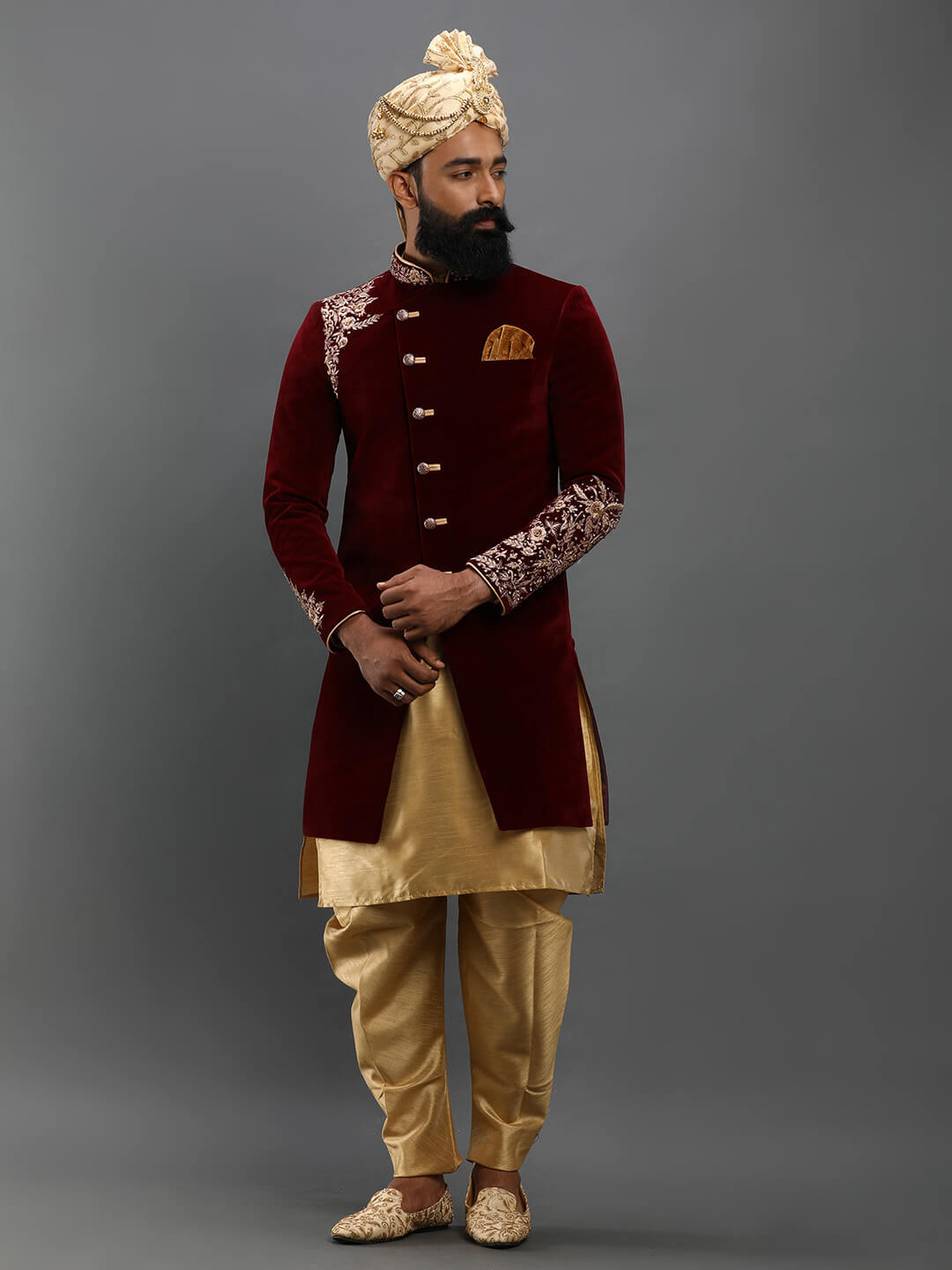 Maroon Velvet Embroidered Groom Sherwani