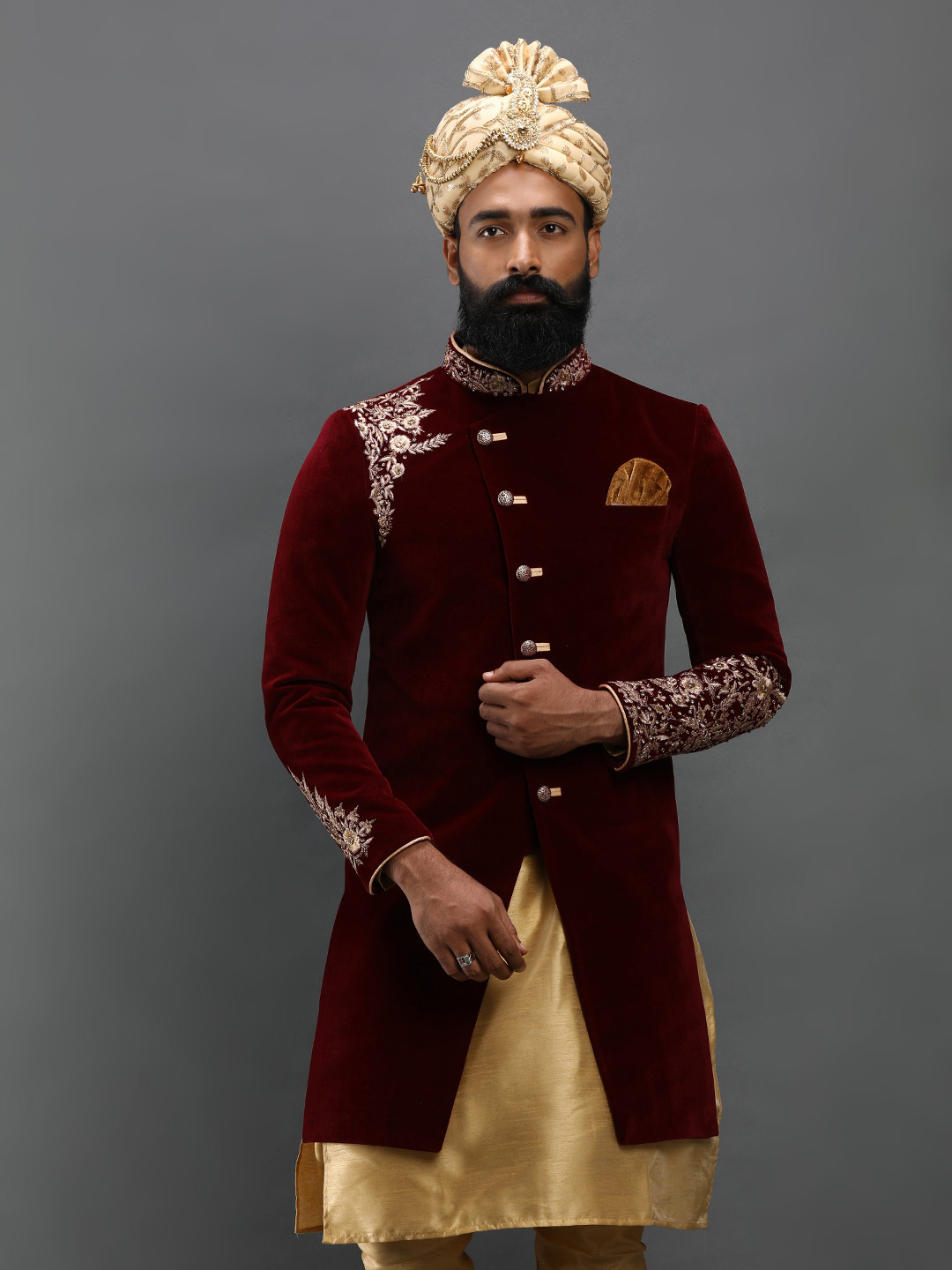 Maroon Velvet Embroidered Groom Sherwani