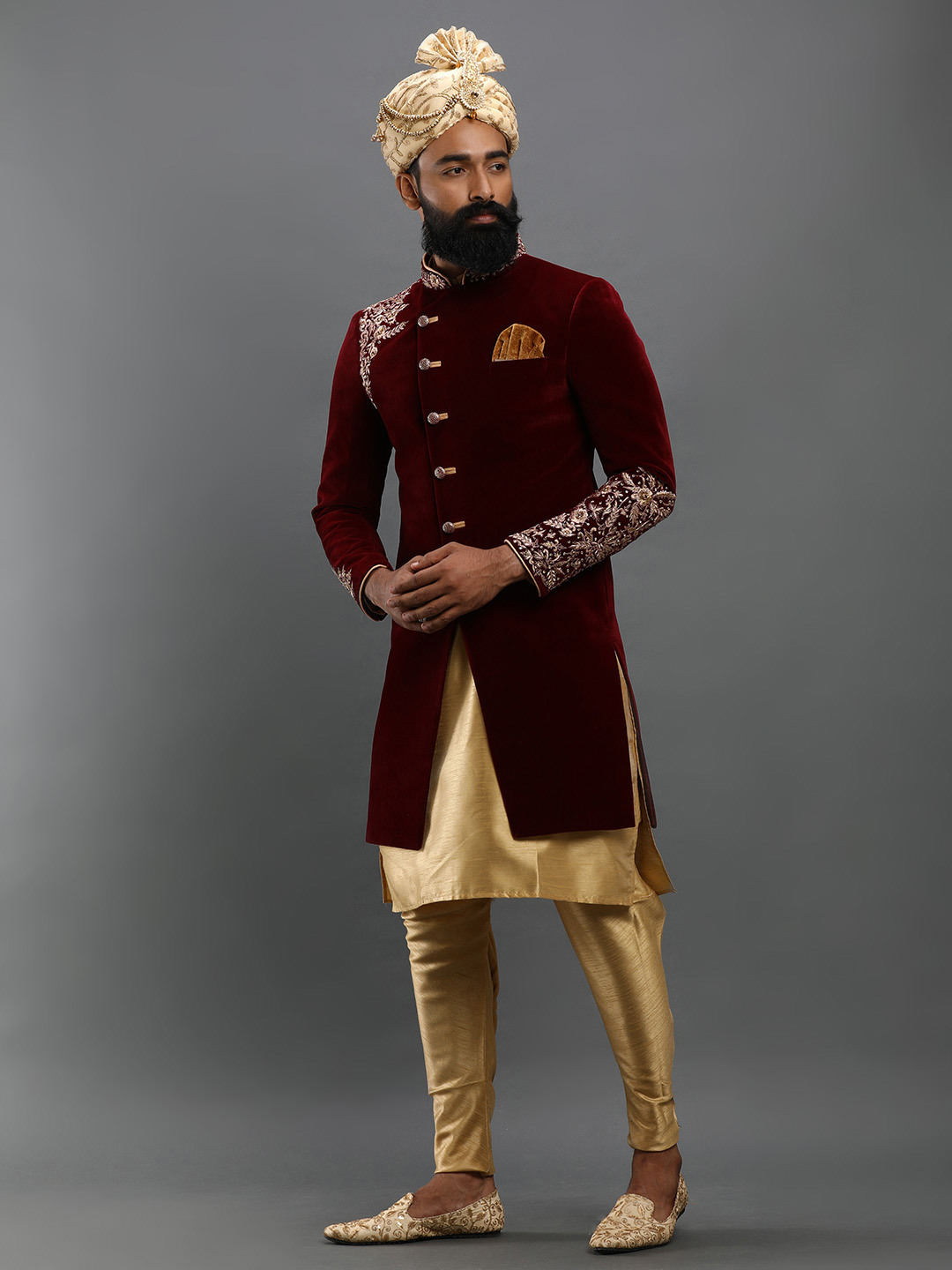 Maroon Velvet Embroidered Groom Sherwani — image 2