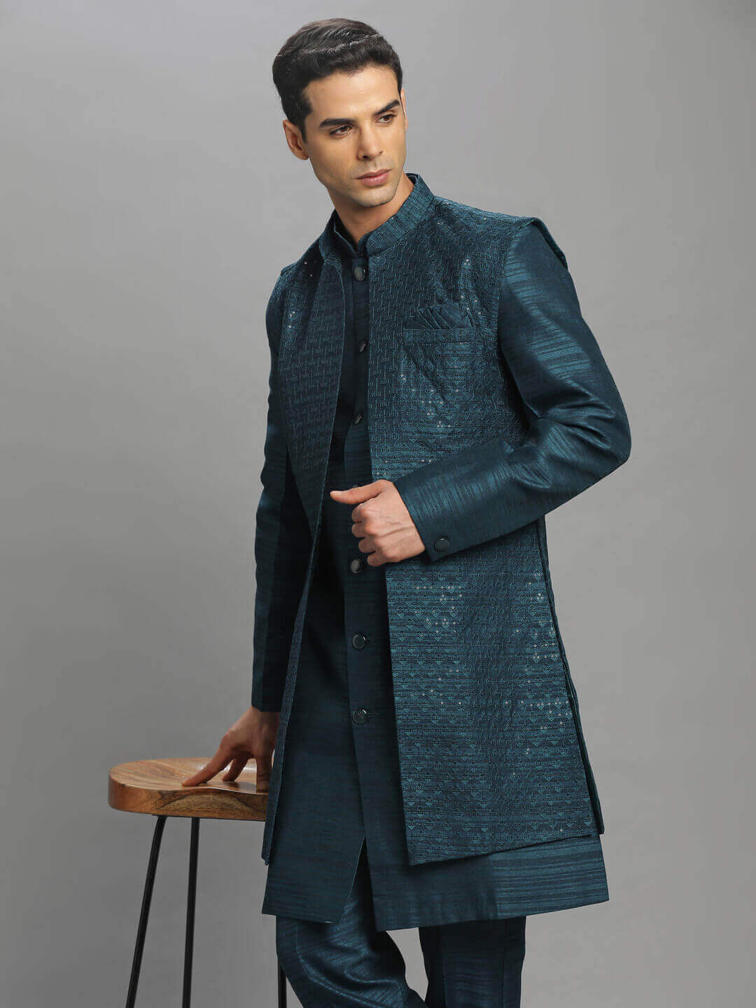 Peacock Blue Shimmer Long Kurta Pyjama