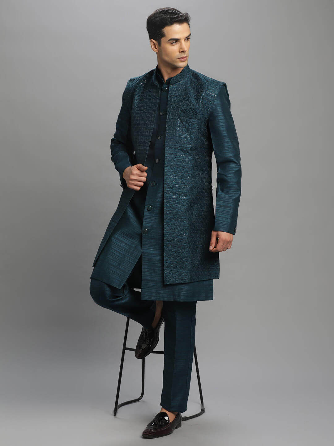 Peacock Blue Shimmer Long Kurta Pyjama