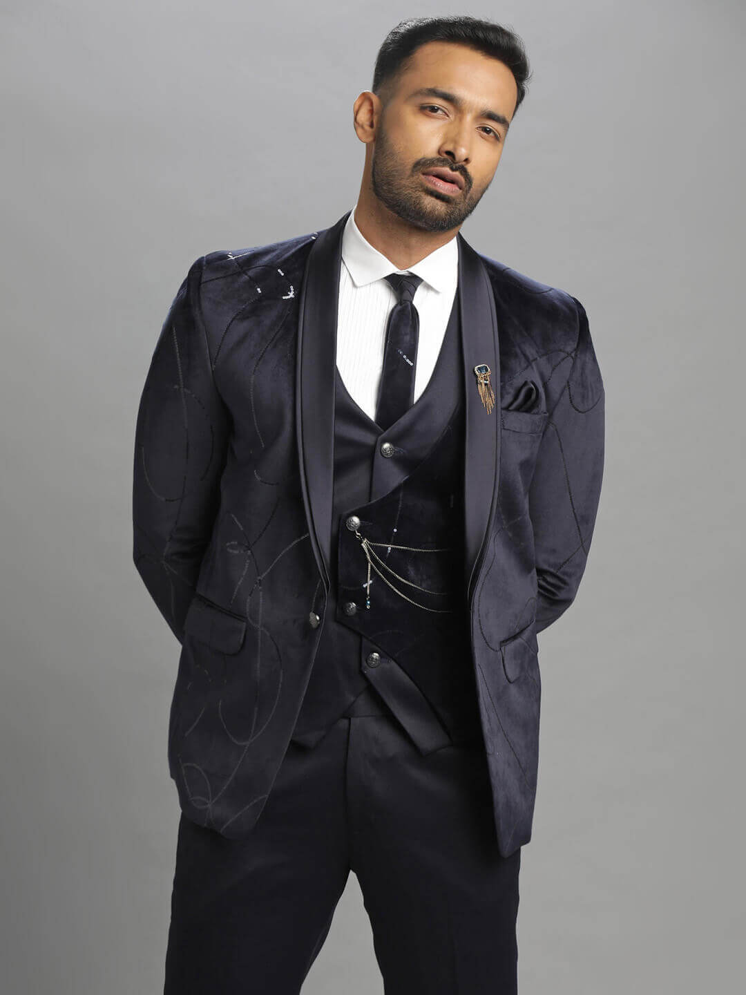 Velvet Spiral Embroidered 3 Piece Tuxedo new