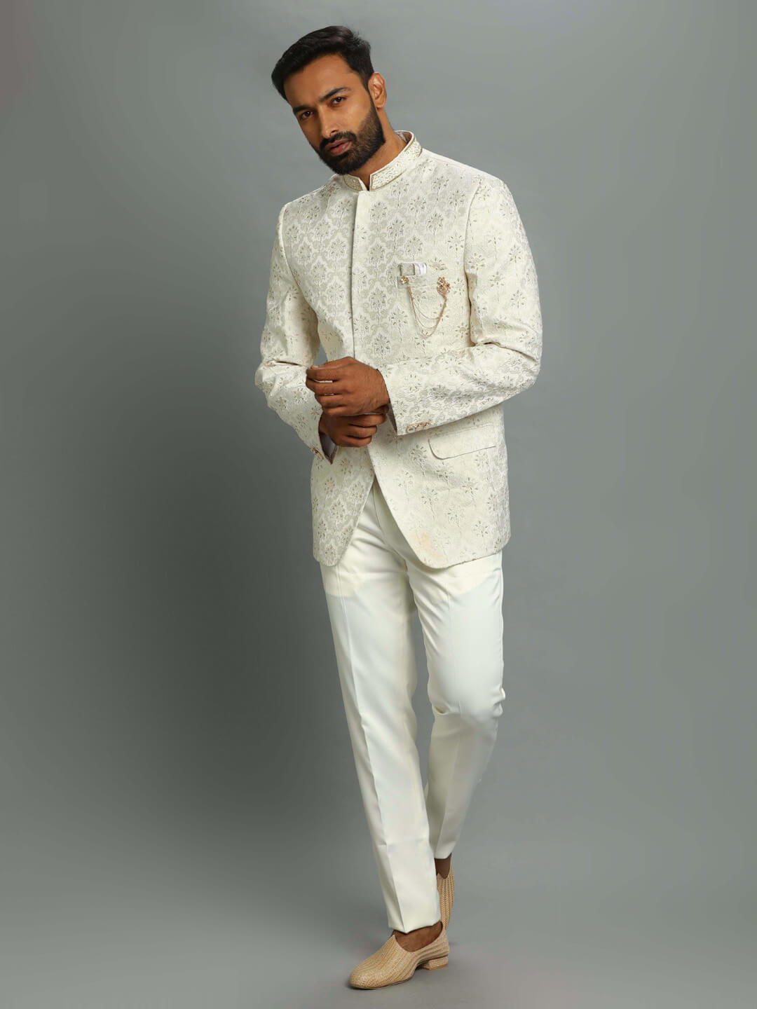 White Embroidered Bandgala