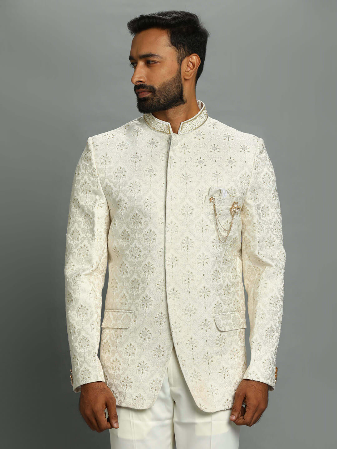 White Embroidered Bandgala