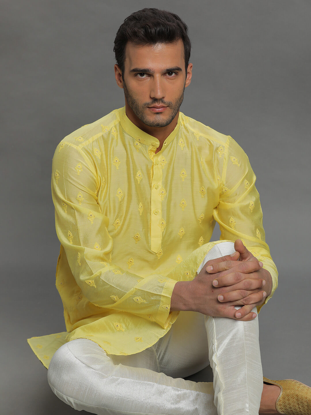 Yellow Booti Embroidery Kurta Pyjama